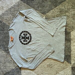 Y2K Tory Burch Vintage Grey Long Sleeve Studded Logo Shirt Size Small